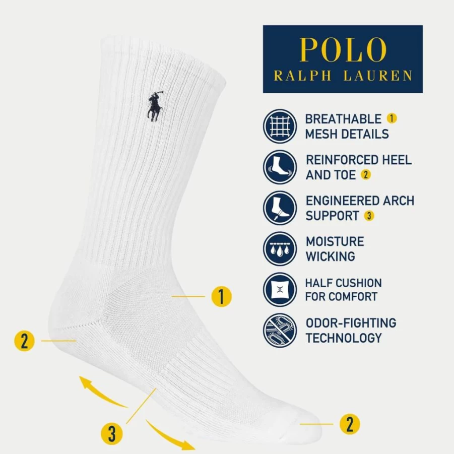 POLO RALPH LAUREN Men's Athletic Cotton Crew Socks 6-Pack - Classic Cushioned Sport Socks for Comfort