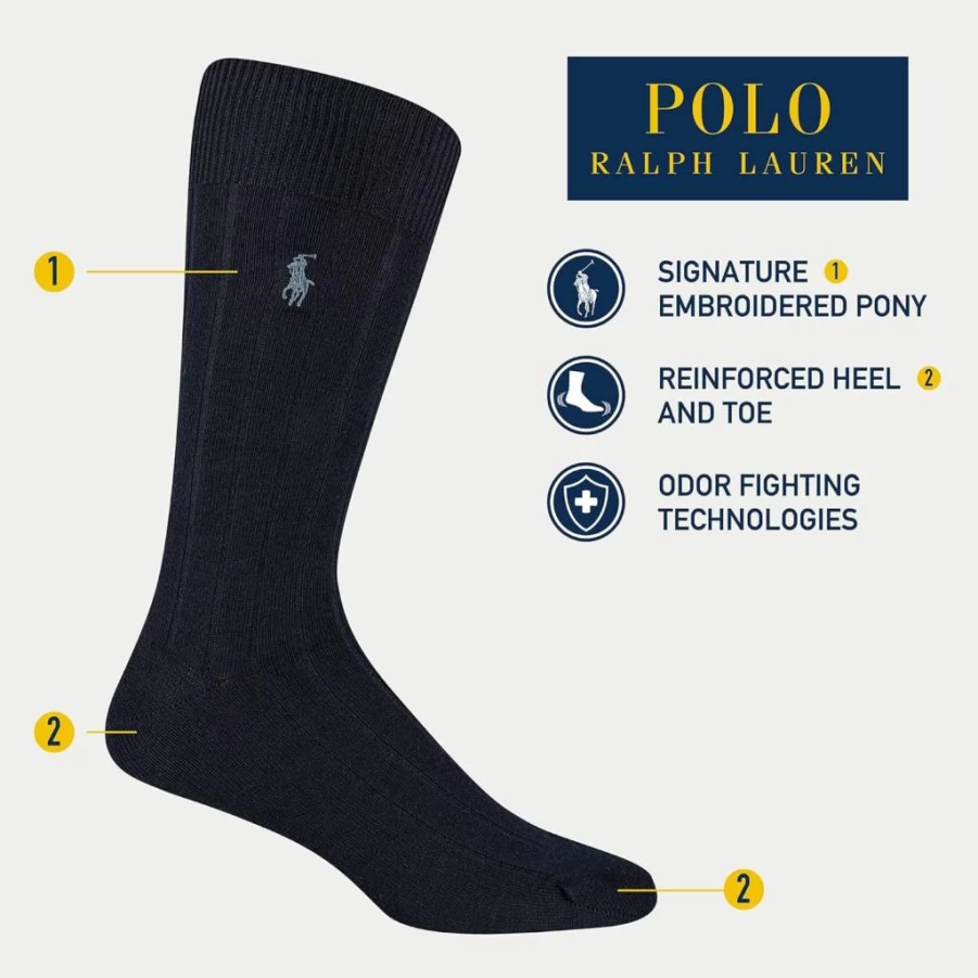 POLO RALPH LAUREN Men's Dress Crew Socks 3-Pack - Soft Lightweight Cotton Ribbed Casual Socks for Men