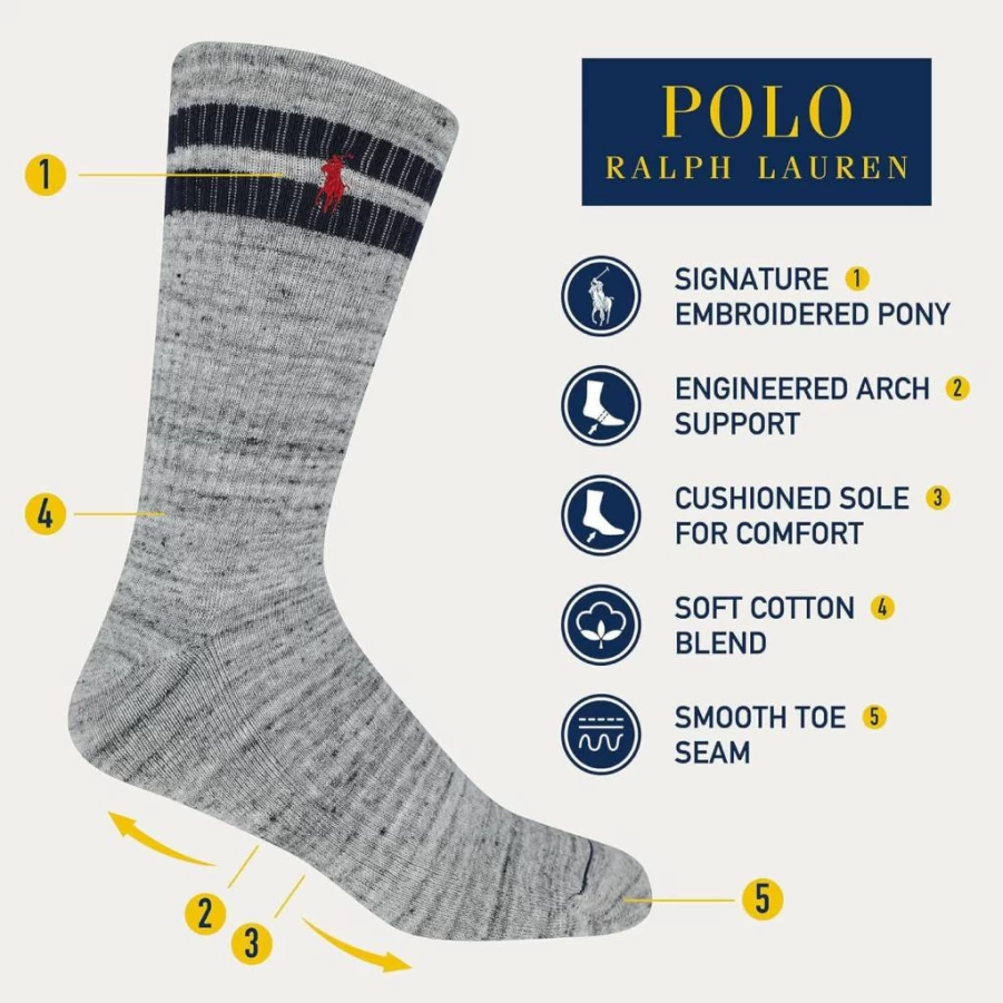 POLO RALPH LAUREN Men's Americana Crew Socks 3-Pack - Classic Sport Cotton Socks with Arch Support & Cushioned Comfort