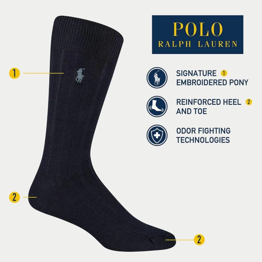 POLO RALPH LAUREN Men's Crew Socks 3-Pack - Soft Lightweight Cotton Dress Socks for Everyday Comfort