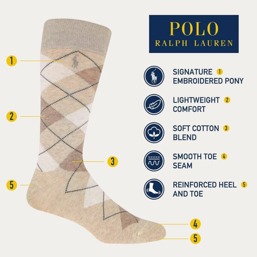POLO RALPH LAUREN Men's Cotton Argyle Crew Socks 3-Pack - Lightweight Dress Socks for Comfort & Style