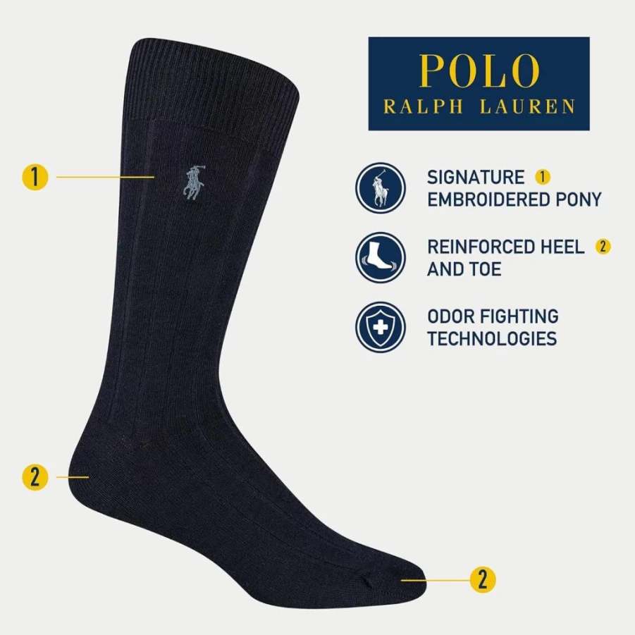 POLO RALPH LAUREN Men's Dress Socks 3-Pack - Soft Lightweight Cotton Crew Socks for Comfort & Style