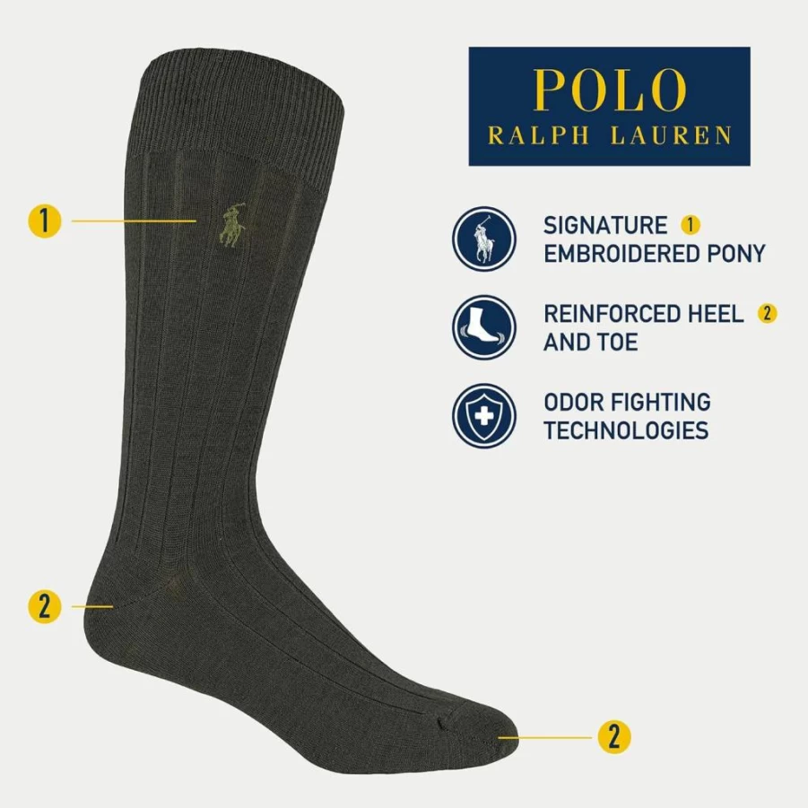 POLO RALPH LAUREN Men's Merino Wool Crew Dress Socks 3-Pack - Breathable Comfort with Reinforced Heel & Toe