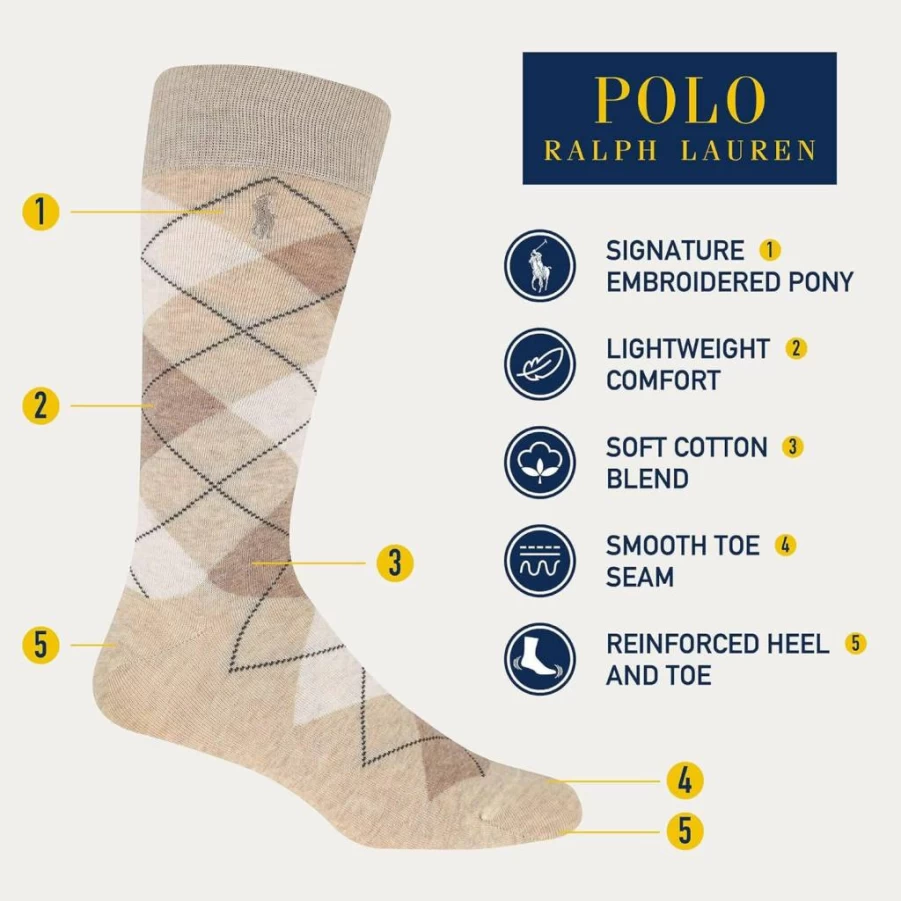 POLO RALPH LAUREN Men's Cotton Argyle Crew Socks 3-Pack - Lightweight Dress Socks for Comfort & Style