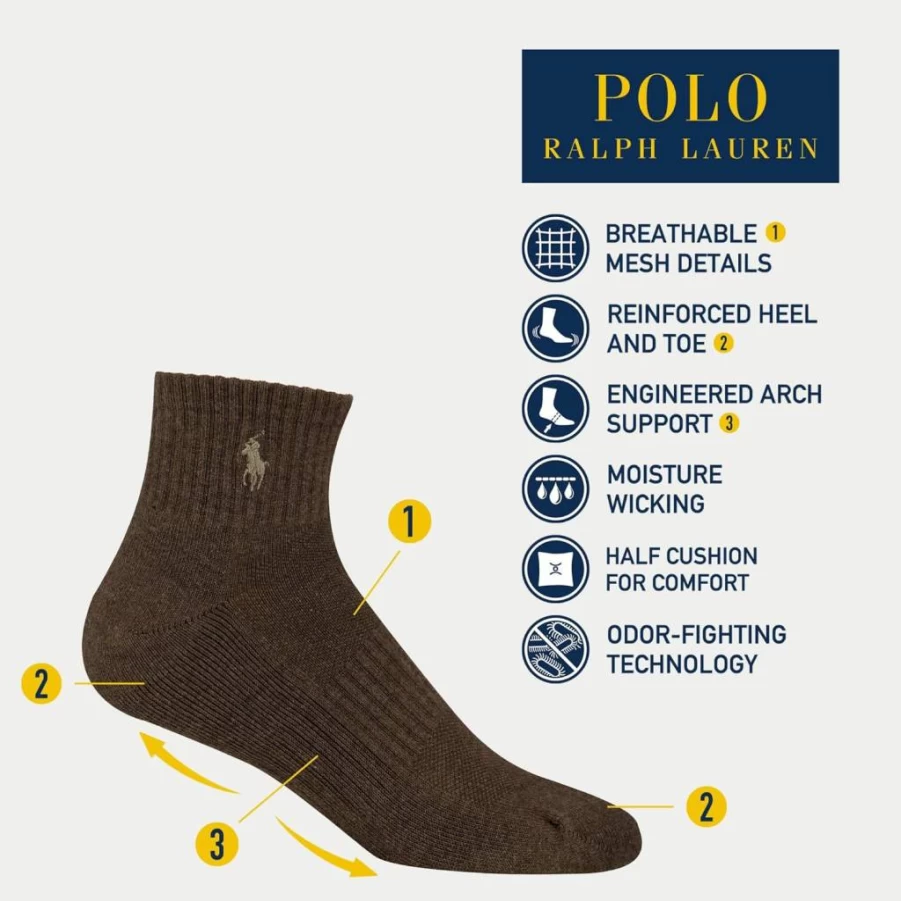 POLO RALPH LAUREN Men's Moisture Wicking Athletic Socks 6-Pack - Breathable Mesh Ankle Socks for Performance & Comfort
