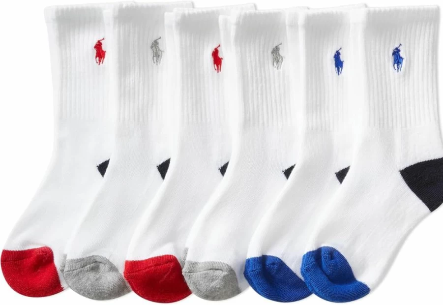 POLO RALPH LAUREN Boys' Athletic Crew Socks 6-Pack - Breathable Cotton Blend, Non-Slip Stay-Up Design for Kids & Teens