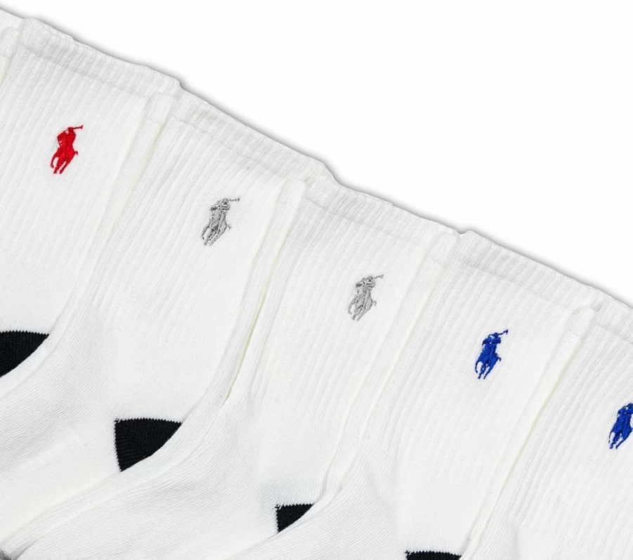 POLO RALPH LAUREN Boys' Athletic Crew Socks 6-Pack - Breathable Cotton Blend, Non-Slip Stay-Up Design for Kids & Teens