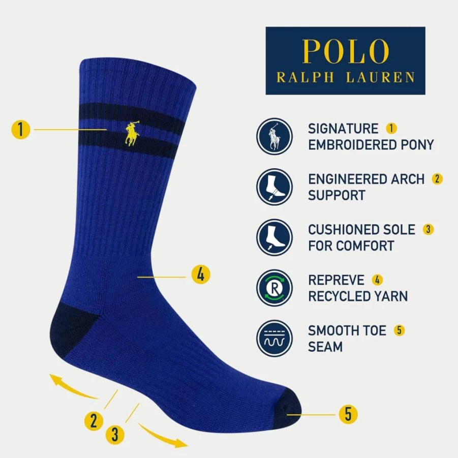 POLO RALPH LAUREN Men's Athletic 6-Pack Multi-Color Cushioned Sport Socks - Classic Comfort Crew Socks for Casual & Active Wear