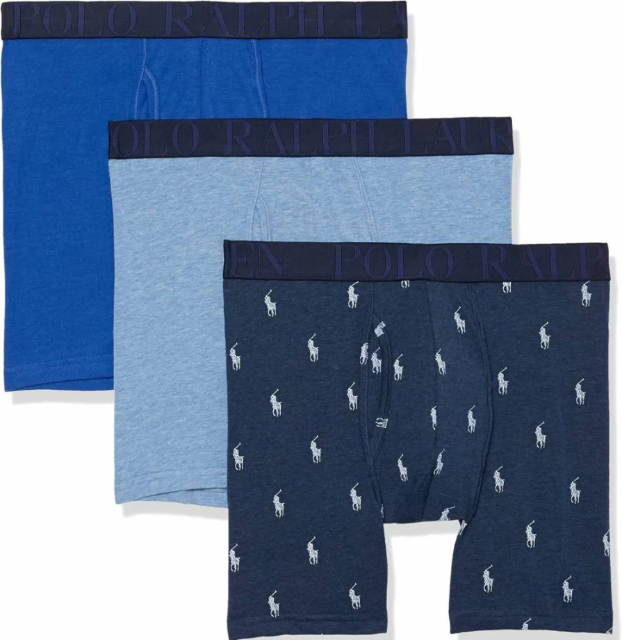 POLO Men's Classic Fit Stretch Boxer Briefs 3-Pack - Pale Royal Heather, Monroe Blue Heather, Blue Saturn - Large Size Underwear Trunks