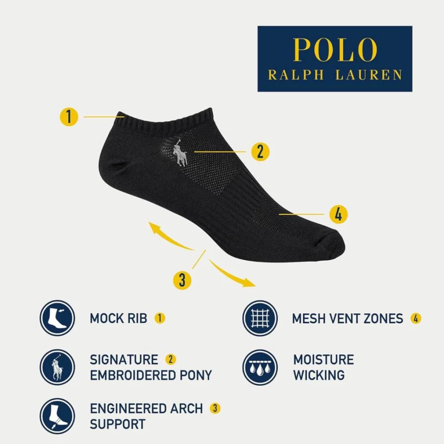 POLO RALPH LAUREN Men's Moisture-Wicking Athletic Socks 3-Pack - Breathable Low-Cut Performance Mesh Socks for Sports & Casual Wear