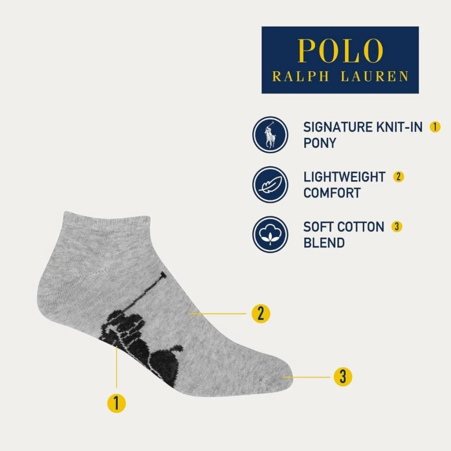 POLO RALPH LAUREN Men's Classic Big Pony Low Cut Socks 3-Pack - Soft Lightweight Cotton Crew Socks for Casual Wear