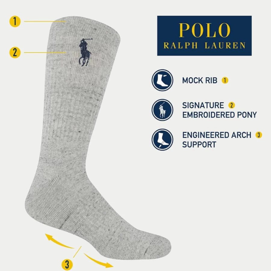 POLO RALPH LAUREN Men's Classic Big Pony Crew Socks 3-Pack - Embroidery Detail, Mock Rib & Arch Support for Casual Wear