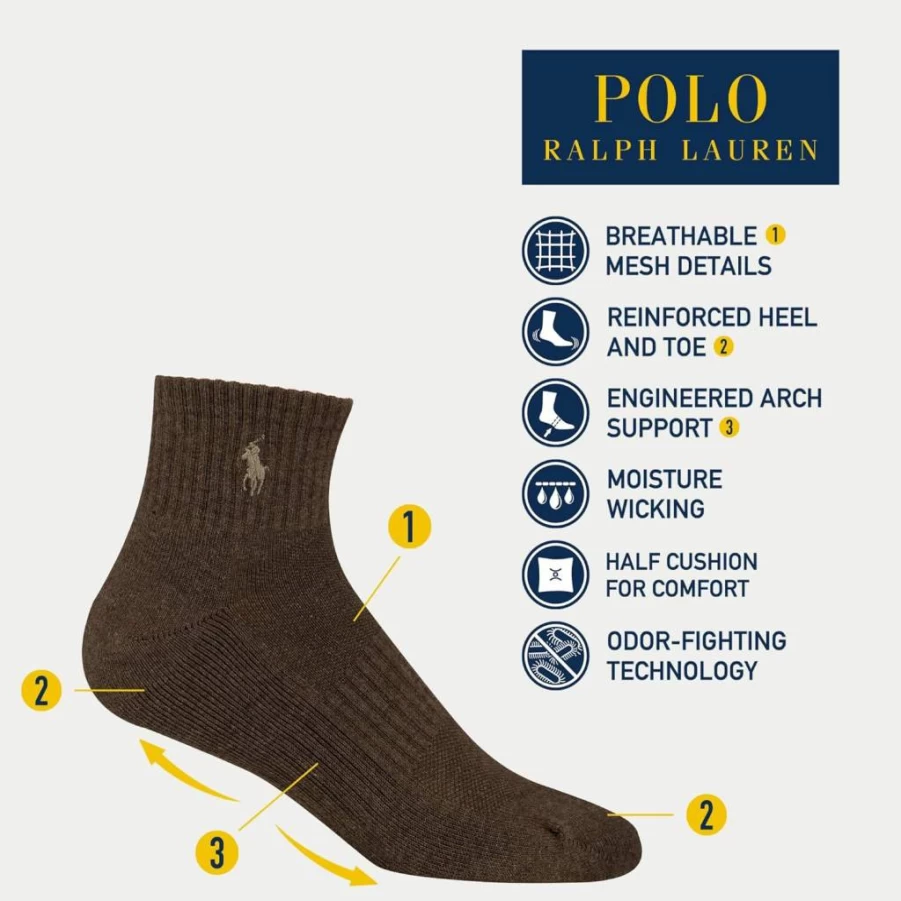 POLO RALPH LAUREN Men's Moisture Wicking Athletic Socks 6-Pack - Breathable Mesh Ankle Socks for Performance & Comfort