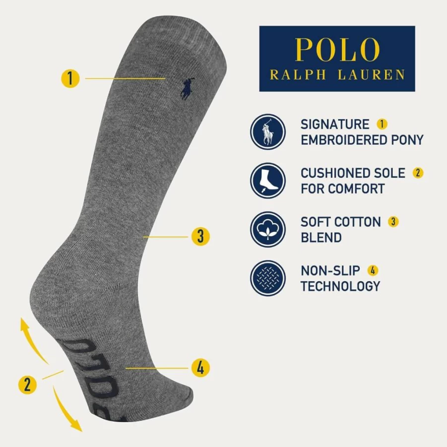 POLO RALPH LAUREN Men's Non-Slip Gripper Lounge Socks with Comfort Cushioning for Casual Wear