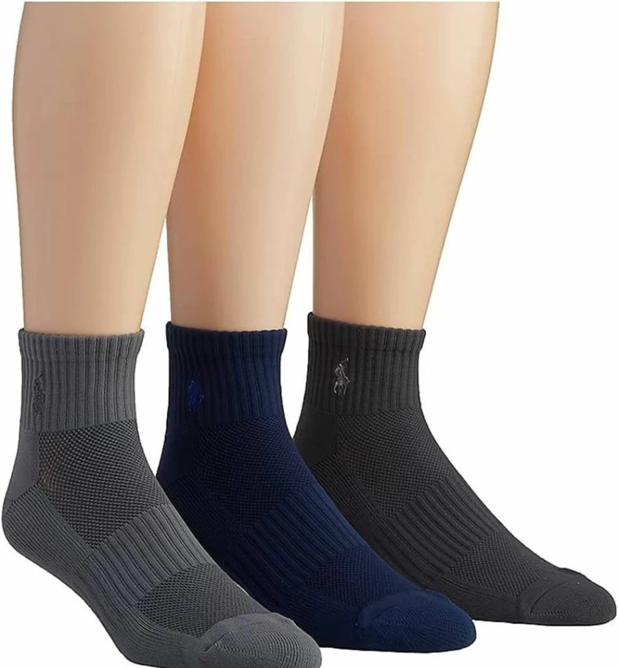 POLO RALPH LAUREN Men's Athletic Quarter Socks with Logo - 3-Pack Moisture-Wicking Performance Socks for Sports & Casual Wear