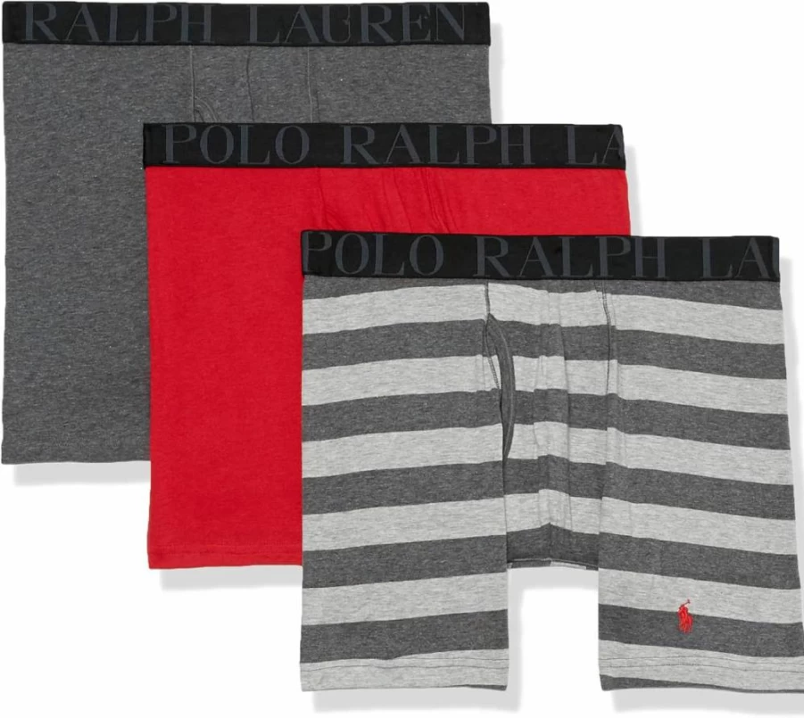 POLO Men's Classic Fit Stretch Boxer Briefs 3-Pack - Regular Leg, Red Andover Stripe/Charcoal Heather, Large