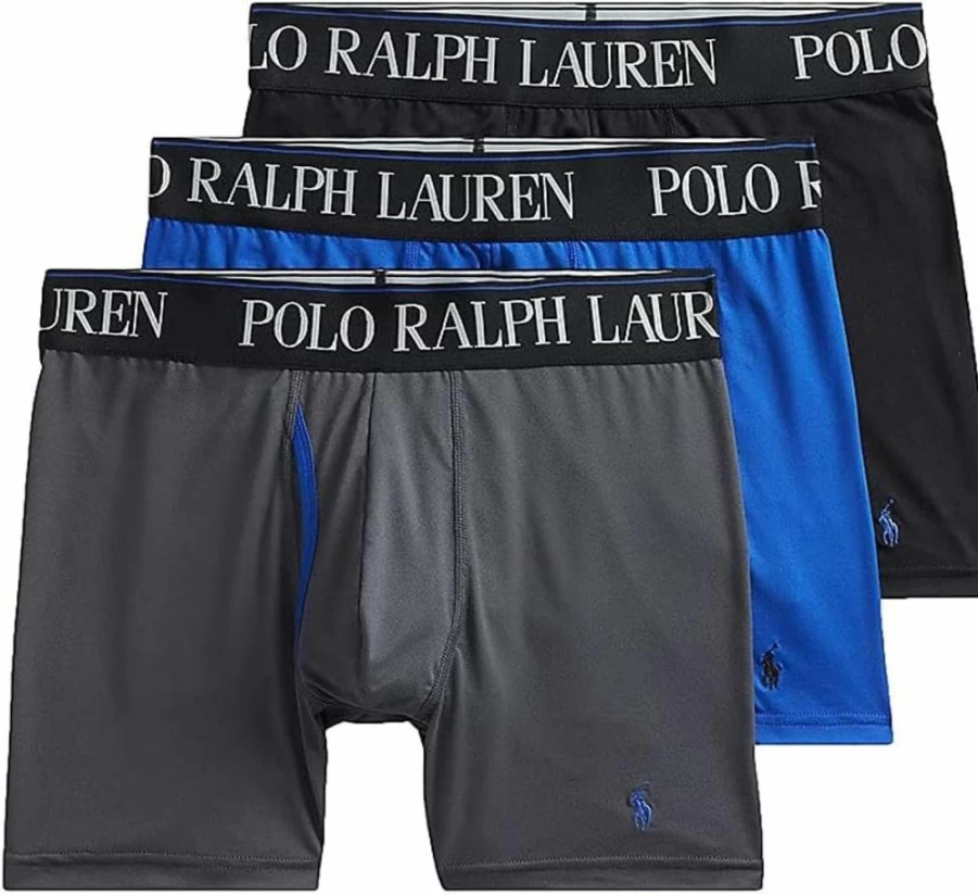 POLO Ralph Lauren Men's 4D Flex Cooling Boxer Briefs - Moisture-Wicking Microfiber Underwear, Charcoal Grey Rugby Royal Polo Black, Medium Size