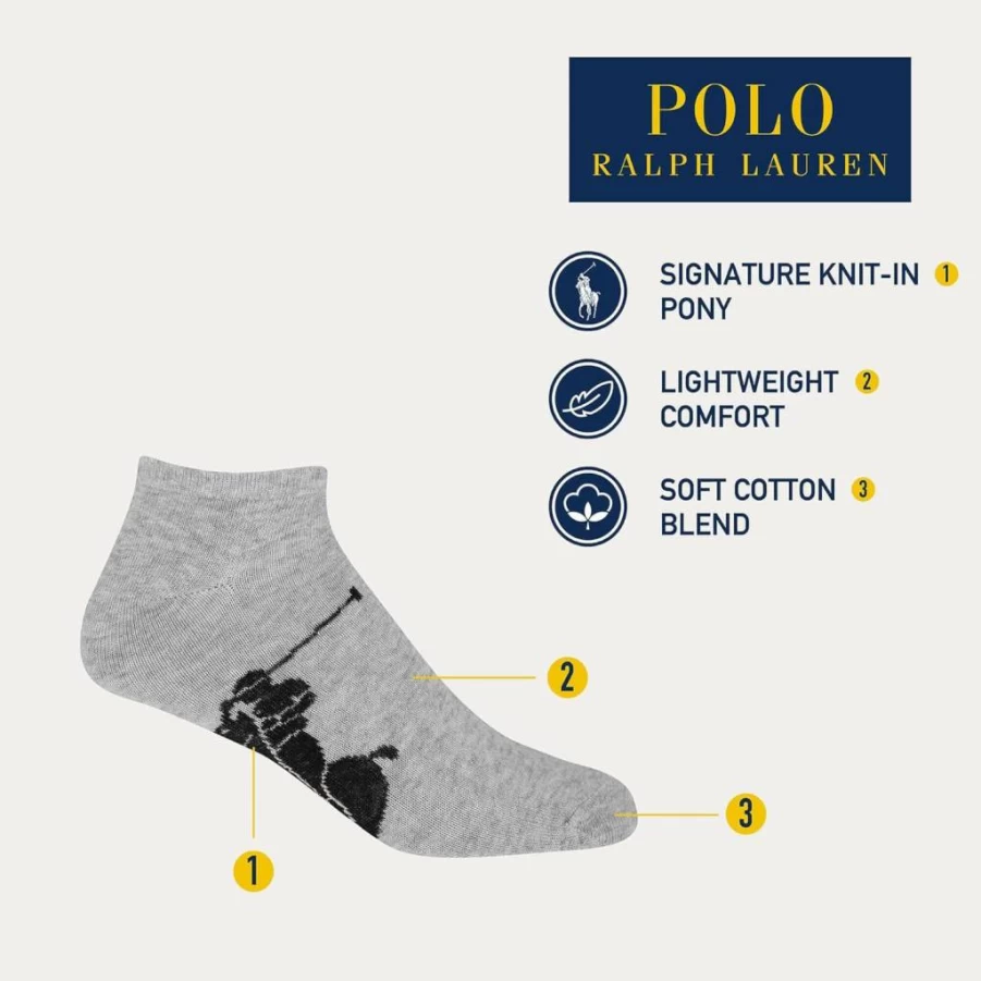 POLO RALPH LAUREN Men's Classic Big Pony Low Cut Socks 3-Pack - Soft Lightweight Cotton Crew Socks for Casual Wear