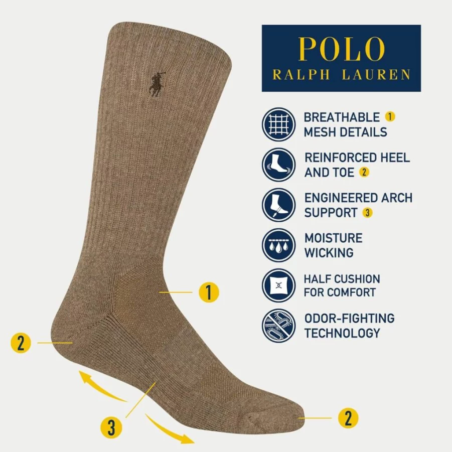POLO RALPH LAUREN Men's Moisture Wicking Athletic Crew Socks 6-Pack - Breathable Mesh Performance Cotton Socks for Men