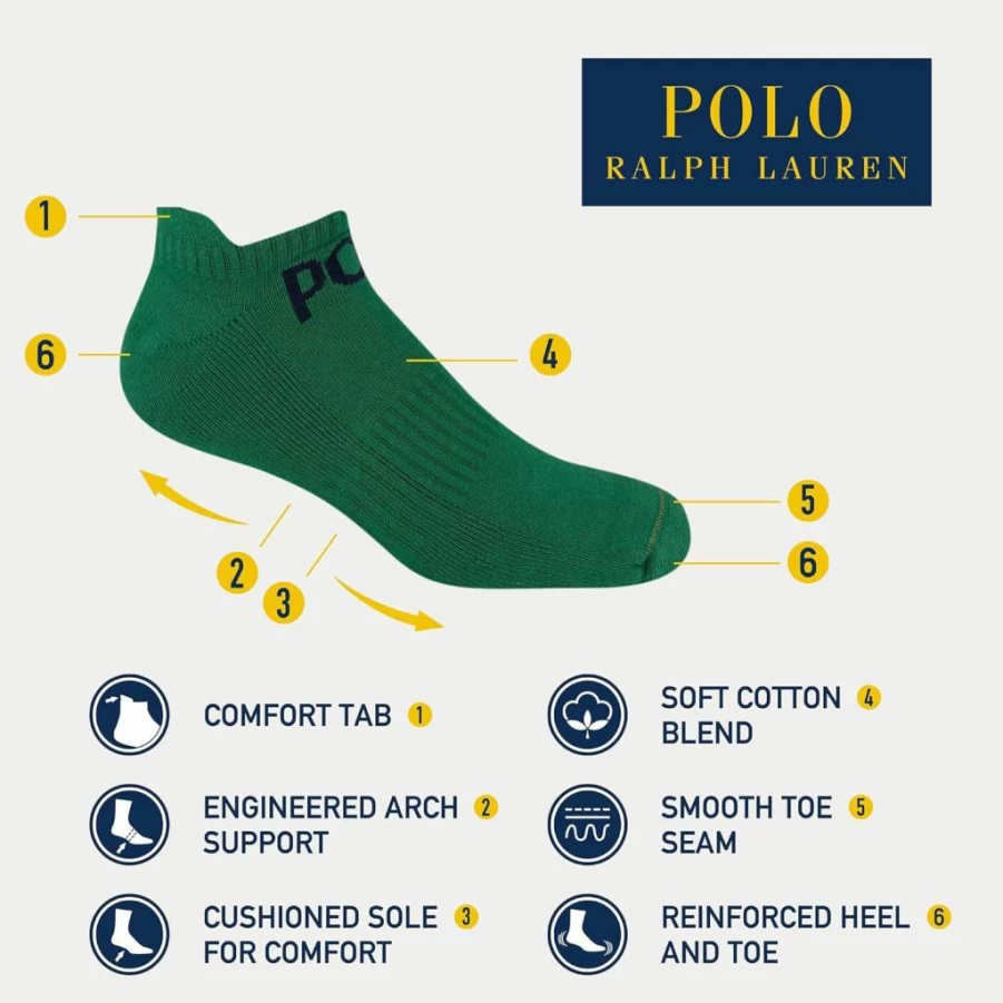 POLO RALPH LAUREN Men's Athletic Arch Support Cushioned Comfort Sport Polo Socks - 3 Pair Pack