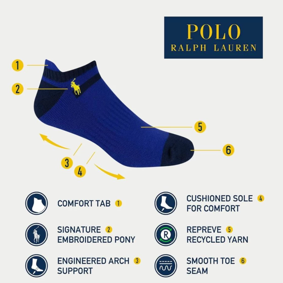POLO RALPH LAUREN Men's Athletic 6-Pack Multi-Color Cushioned Sport Socks - Classic Comfort Crew Socks for Casual & Active Wear
