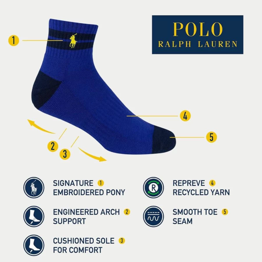 POLO RALPH LAUREN Men's Athletic 6-Pair Multi-Color Cushioned Sport Socks - Classic Comfort Pack