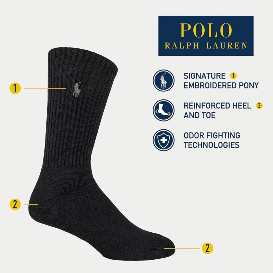 POLO RALPH LAUREN Men's Cotton Crew Socks 3-Pack - Ribbed Casual Design with Reinforced Heel & Toe for Comfort