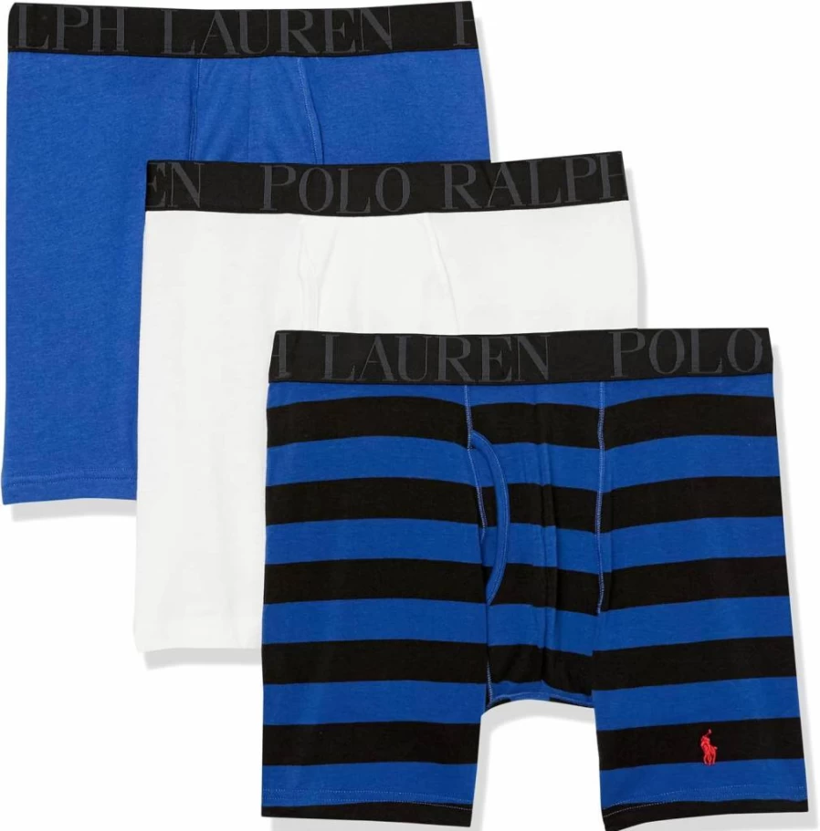 POLO Ralph Lauren Men's Classic Fit Stretch Boxer Briefs 3-Pack - White, Black & Blue Saturn Stripe (Medium)