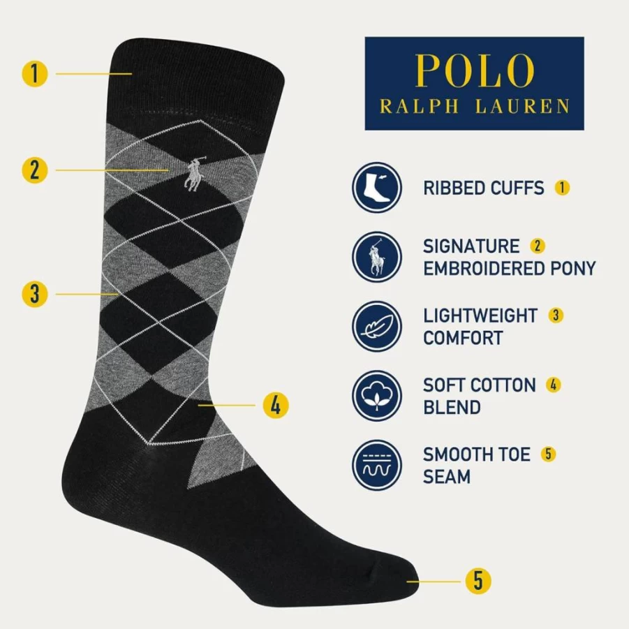 POLO RALPH LAUREN Men's Cotton Crew Dress Socks 4-Pack - Soft Lightweight Casual Patterned Socks for Men