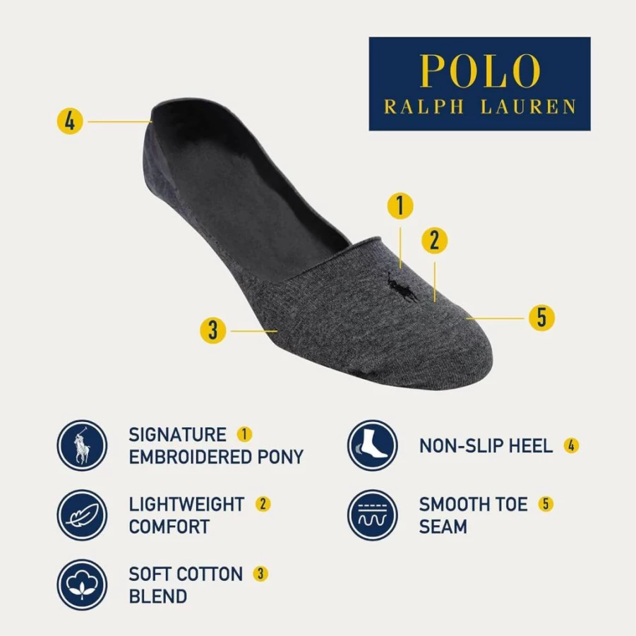 POLO RALPH LAUREN Men's Lightweight Cotton Dress Liner Socks 3-Pack with Non-Slip Heel for Comfort