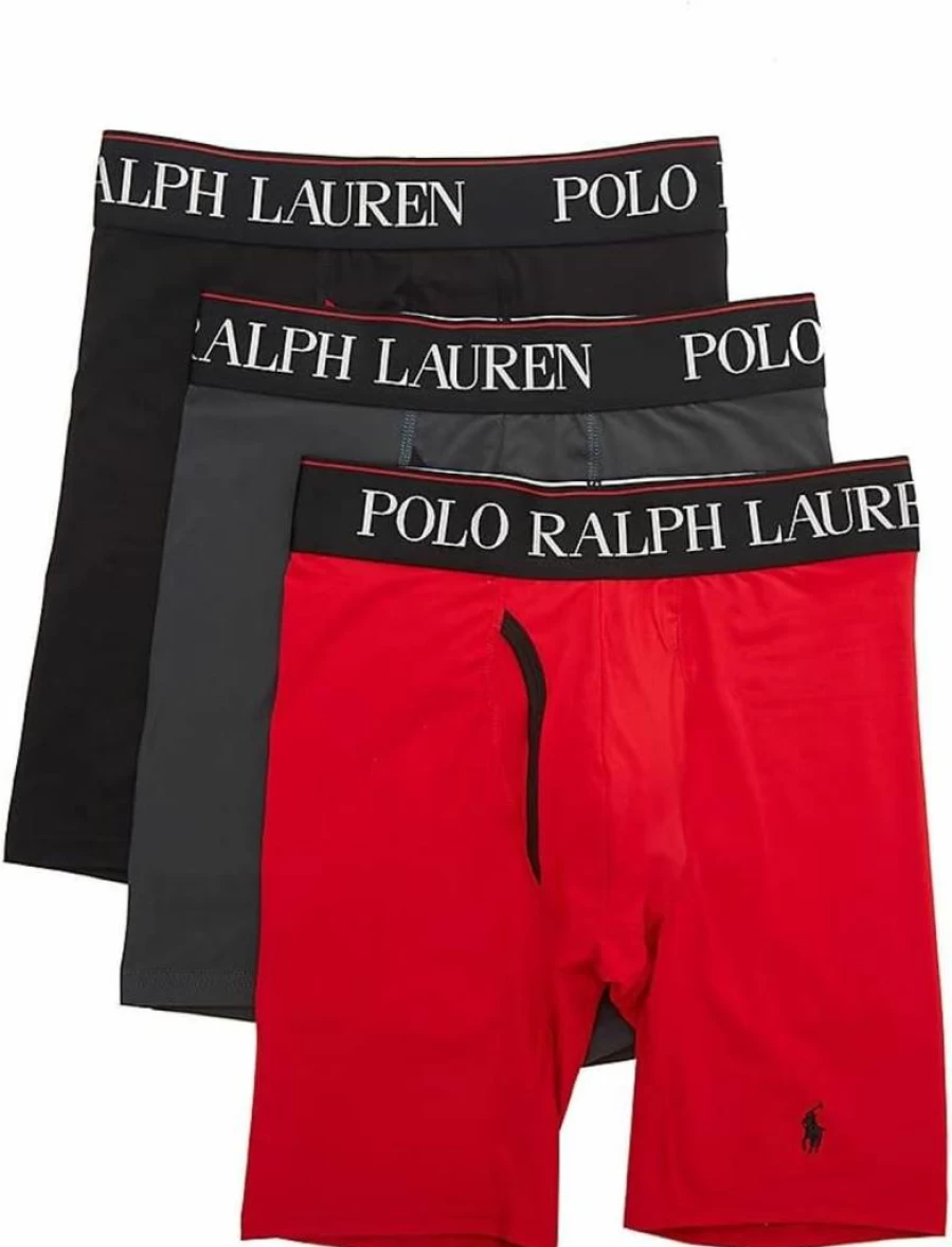 POLO Men's 4D Flex Cool Microfiber Boxer Briefs 3-Pack - Long Leg, Charcoal Grey/Black/Red, Large Size Breathable Underwear