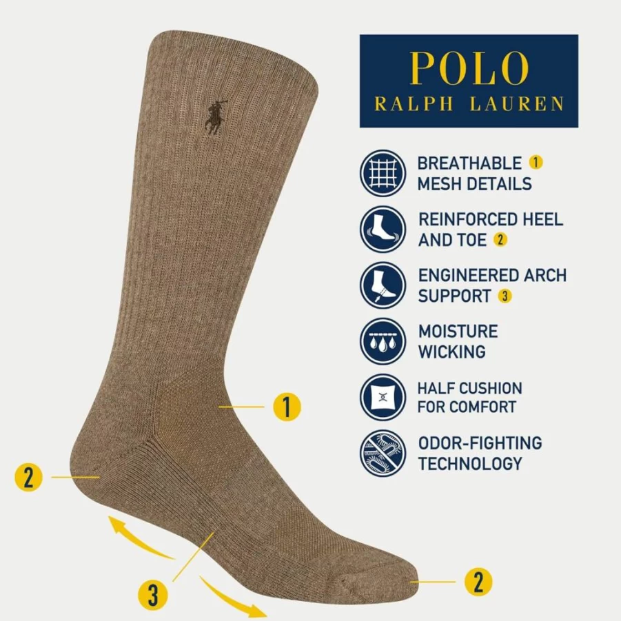POLO RALPH LAUREN Men's Moisture-Wicking Athletic Crew Socks 6-Pack - Breathable Mesh Performance Cotton Socks for Sports & Casual Wear