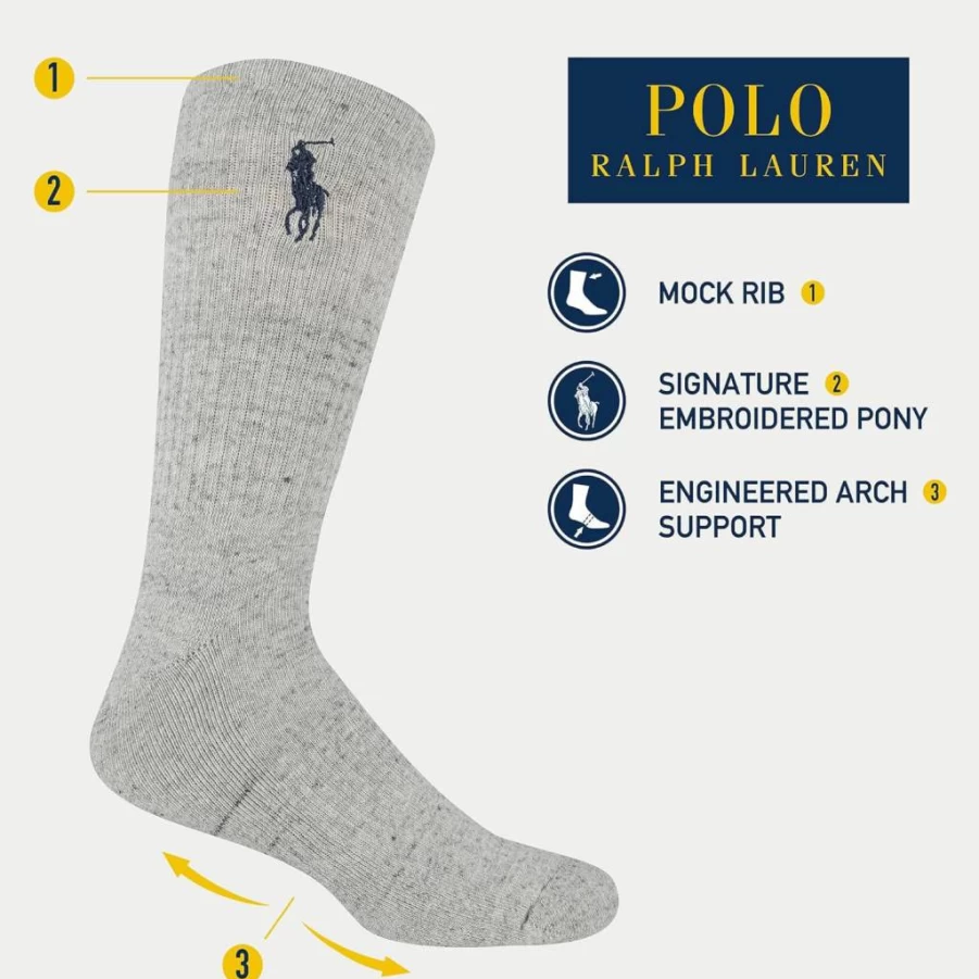 POLO RALPH LAUREN Men's Classic Big Pony Embroidered Crew Socks 3-Pack - Mock Rib, Arch Support, Casual Comfort