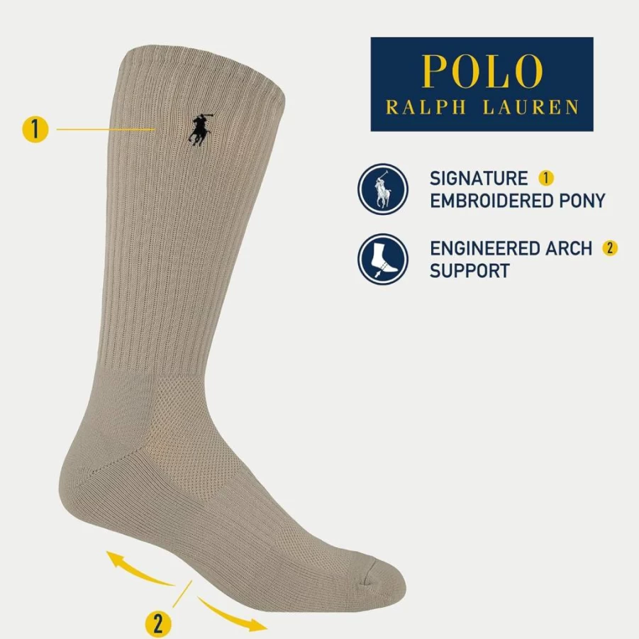 POLO RALPH LAUREN Men's Athletic Crew Socks 3-Pack - Sport Cushioned with Arch Support for Running & Training