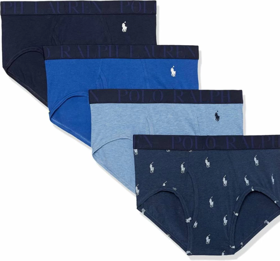 POLO Men's Classic Fit Stretch Briefs - Blue Saturn, Monroe Blue Heather, Pale Royal Heather, Cruise Navy - Large Size Cotton Underwear