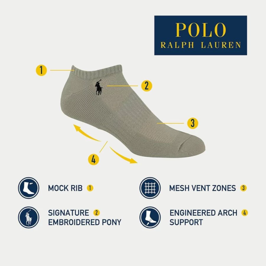 POLO RALPH LAUREN Men's Athletic Socks 3-Pack - Low Cut Sport Socks with Cushioned Arch Support for Running & Training