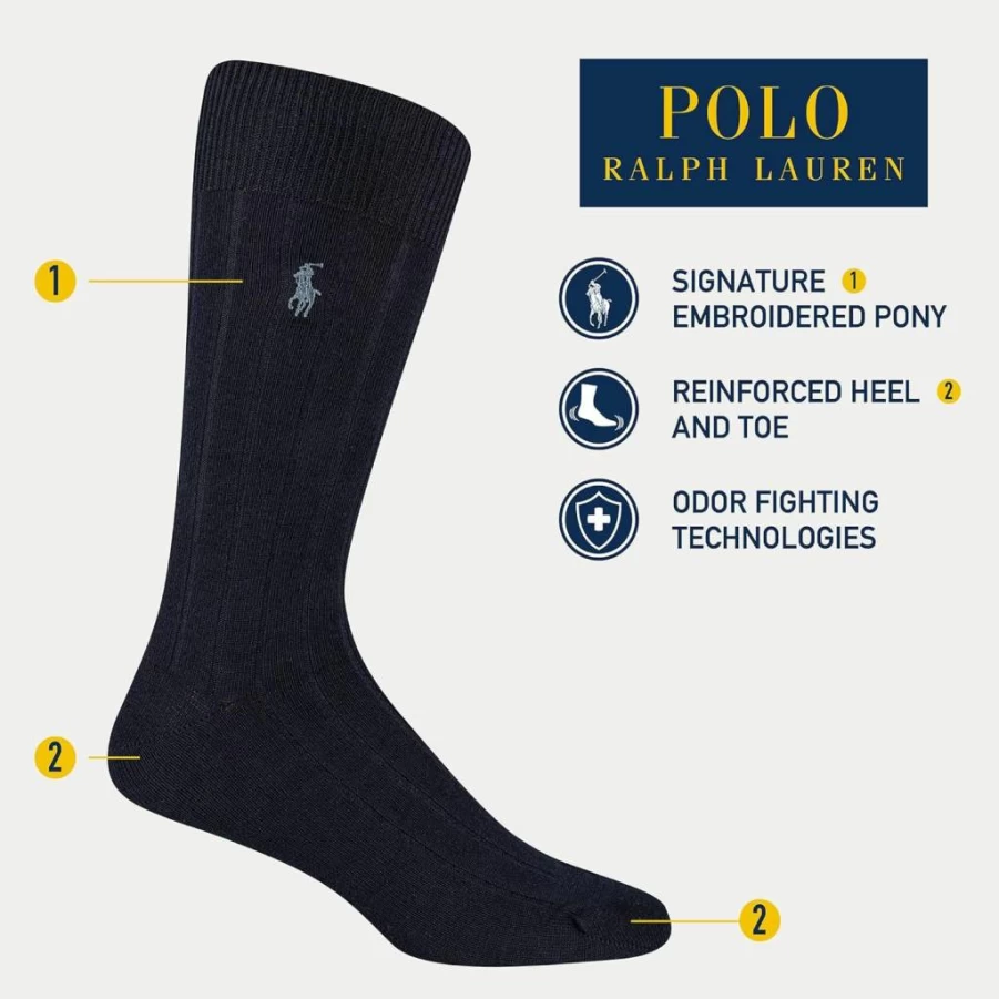 POLO RALPH LAUREN Men's Dress Socks 3-Pack - Soft Lightweight Ribbed Cotton Crew Socks for Comfort & Style
