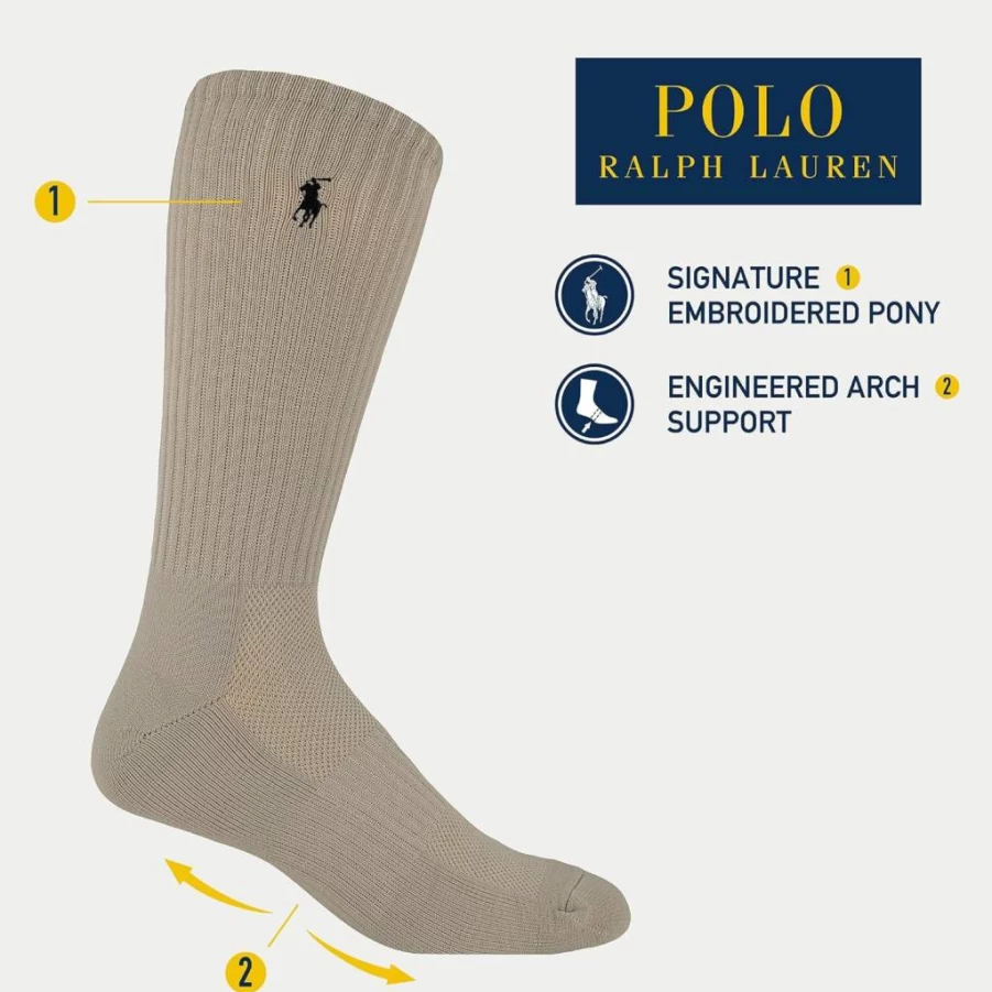 POLO RALPH LAUREN Men's Athletic Crew Socks 3-Pack - Sport Cushioned with Arch Support for Running & Training