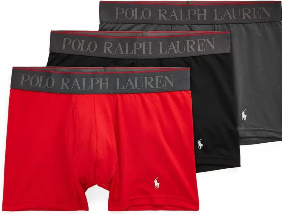 POLO Ralph Lauren Men's 4D Flex Performance Boxer Briefs - Moisture Wicking, Breathable Underwear (Red/White, Black/White, Grey/White, Large)