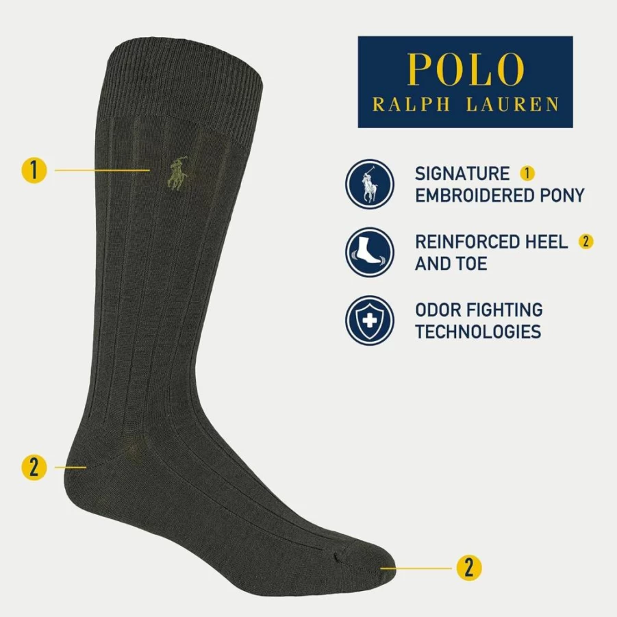 POLO RALPH LAUREN Men's Merino Wool Crew Dress Socks 3-Pack - Breathable Comfort with Reinforced Heel & Toe