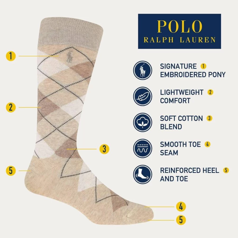 POLO RALPH LAUREN Men's Cotton Argyle Crew Socks 3-Pack - Lightweight Dress Socks for Comfort & Style