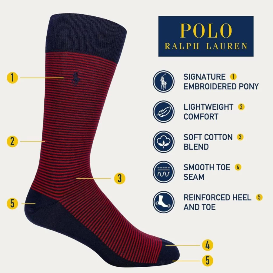 POLO RALPH LAUREN Men's Feeder Stripe Crew Socks 3-Pack - Lightweight Cotton Casual Comfort for Everyday Wear