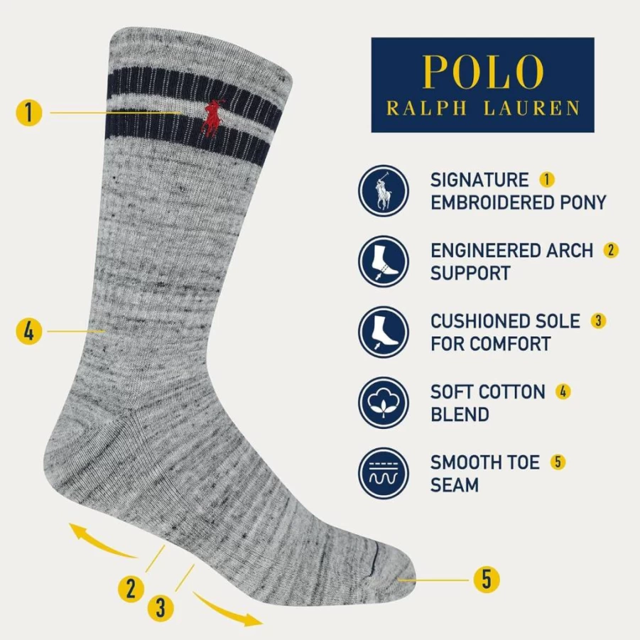 POLO RALPH LAUREN Men's Americana Crew Socks 3-Pack - Classic Cotton Sport Socks with Arch Support & Cushioned Comfort