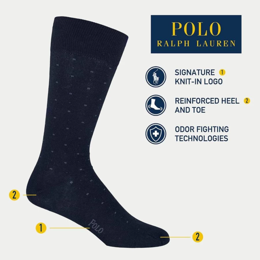 POLO RALPH LAUREN Men's Cotton Crew Dress Socks - 3-Pack Assorted Patterns - Lightweight & Soft Casual Athletic Socks