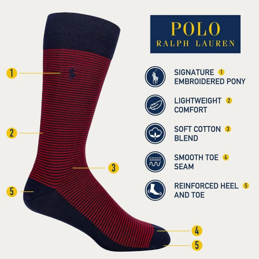 POLO RALPH LAUREN Men's Cotton Casual Crew Socks 3-Pack, Lightweight Comfort, Feeder Stripe Design