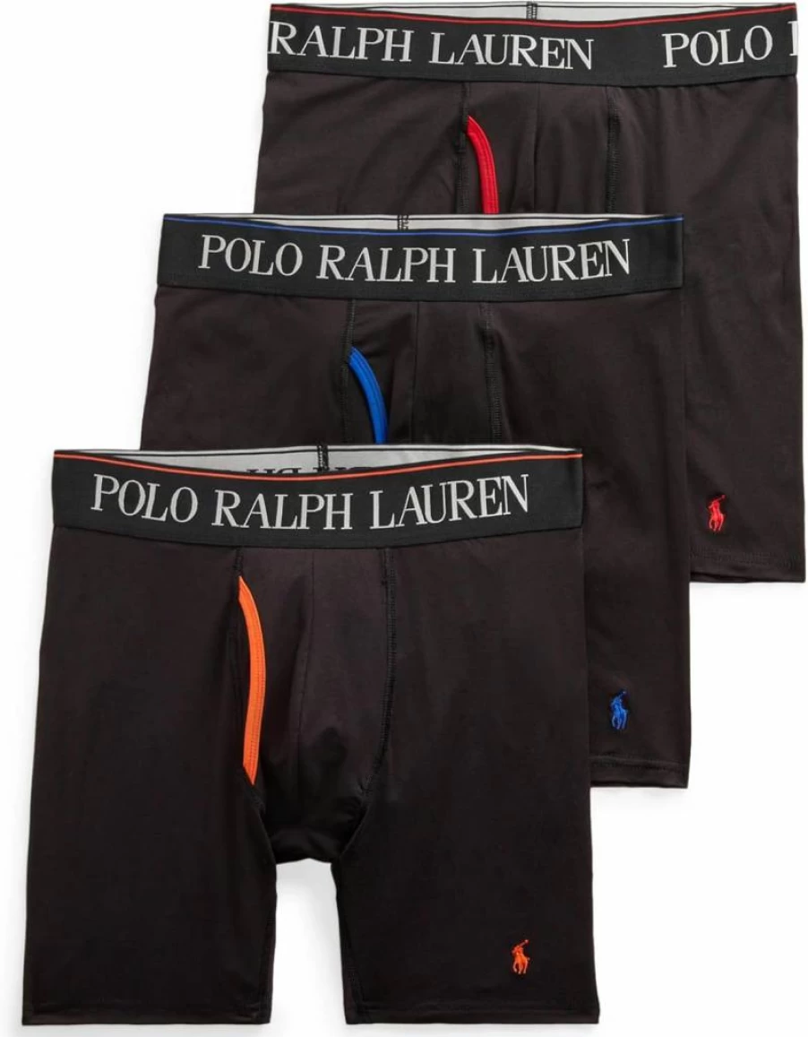 POLO Ralph Lauren Men's Boxer Briefs - 4D Flex Cooling Microfiber, Moisture-Wicking, Comfort Fit - Black/Orange, Black/Blue, Black/Red - Large