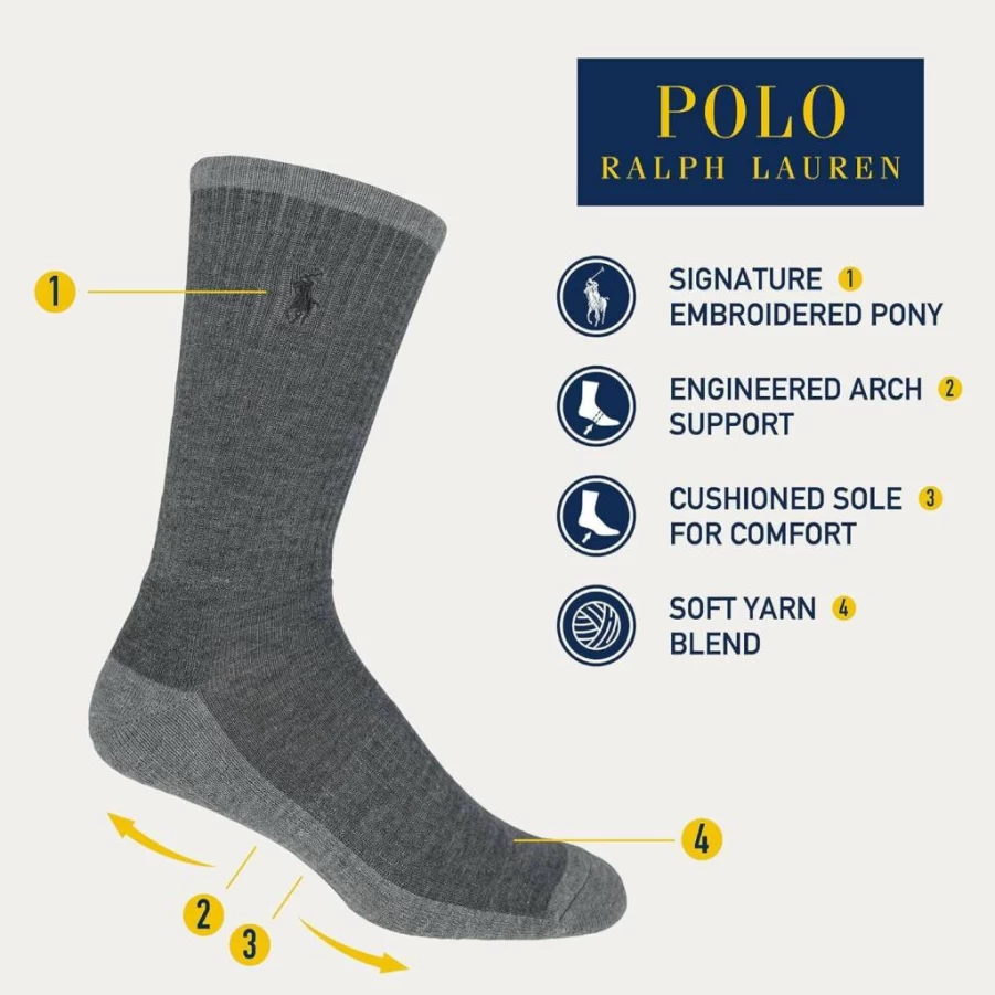 POLO RALPH LAUREN Men's Tri-Color Casual Crew Socks 3-Pack with Arch Support & Cushioning for Comfort