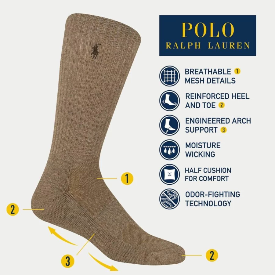 POLO RALPH LAUREN Men's Moisture Wicking Athletic Crew Socks 6-Pack - Breathable Mesh Performance Cotton Socks for Sports & Casual Wear