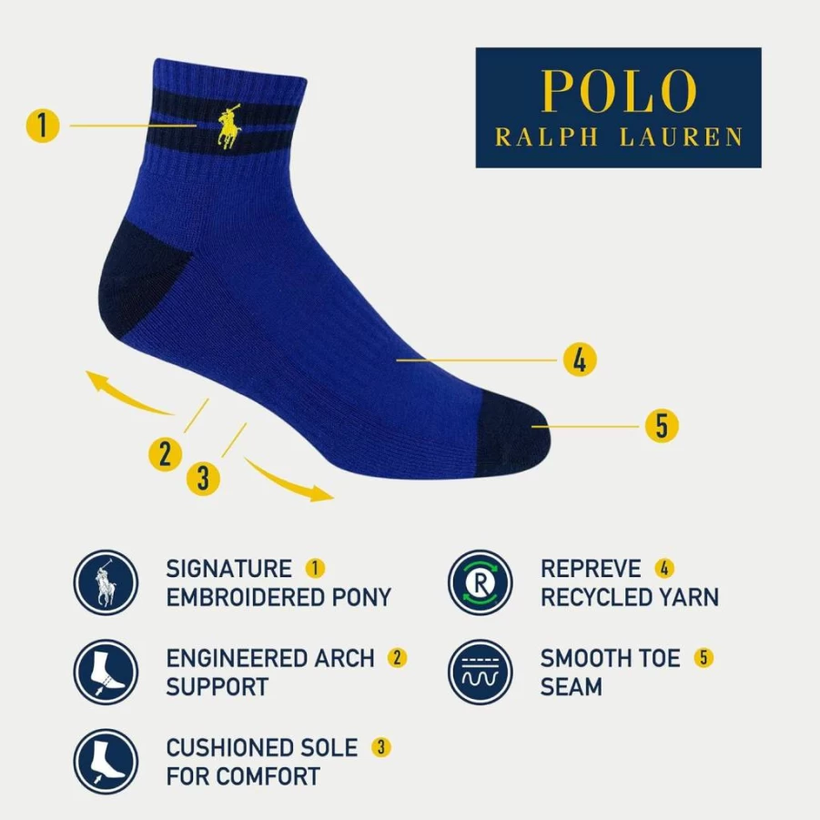 POLO RALPH LAUREN Men's Athletic 6-Pack Multi-Color Cushioned Sport Socks for Comfort & Style